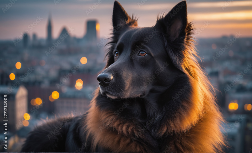 Portrait of a dog with a city at background Portrait of a dog with a city at background