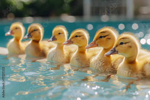 Yellow ducks lined up on the edge of a pool