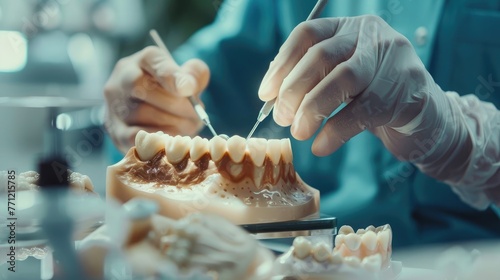 A dental technician working on a dental prosthesis in a dental laboratory, demonstrating dental prosthetics fabrication. photo