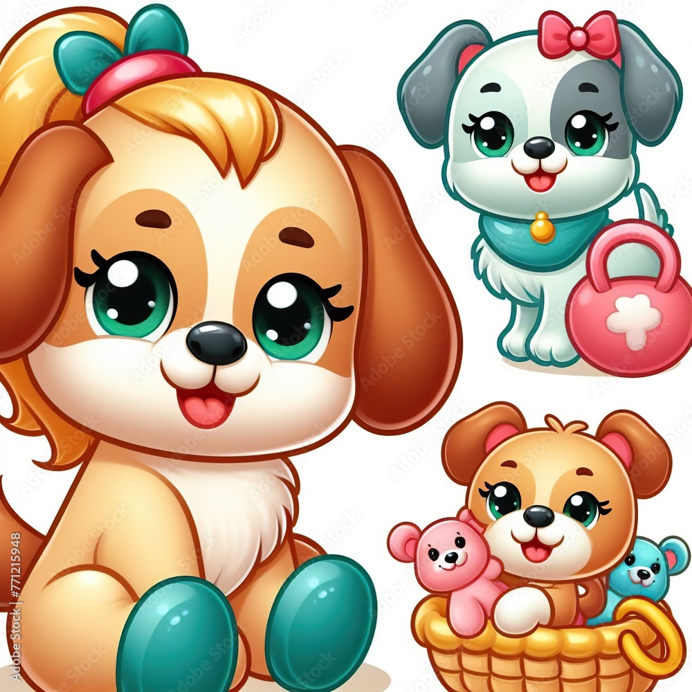 simple drawing of brown and gray puppies with big eyes, animated picture, 3D simple drawing of brown and gray puppies with big eyes, animated picture, 3D