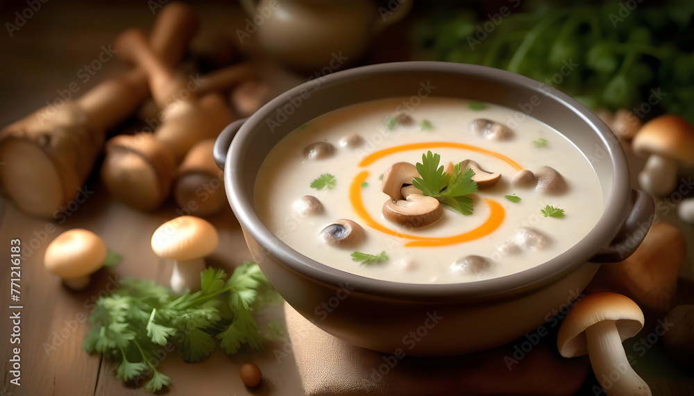 Wooden bowl of creamy mushroom soup, garnished with fresh parsley, on a rustic wooden table. 