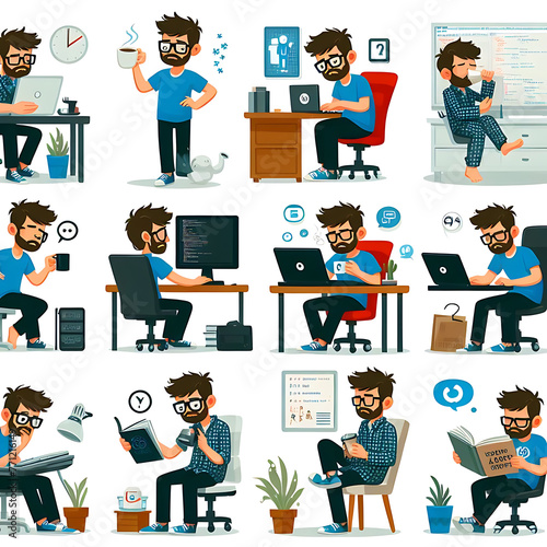 Vector Illustration Of A Man Working At His Desk  photo