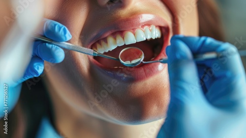 A close-up of a dentist examining a patient's teeth with a dental mirror, showcasing professional dental care.