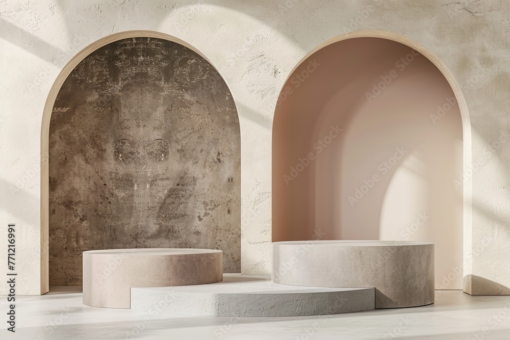 Dual-Tone Podiums: Green and Sand Beige Mockup, Product Placement Display Dual-Tone Podiums: Green and Sand Beige Mockup, Product Placement Display