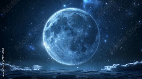 Blue full moon with light shining through Dark background full of stars.
