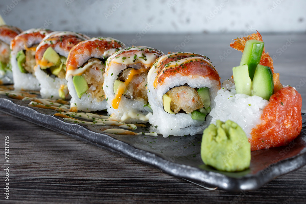 A closeup view of a spicy tuna roll. A closeup view of a spicy tuna roll.