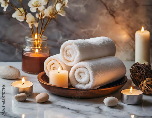 Spa and wellness setting with towels, candles and flowersle background. A heavenly day spa featuring natural products inspired by nature. photo