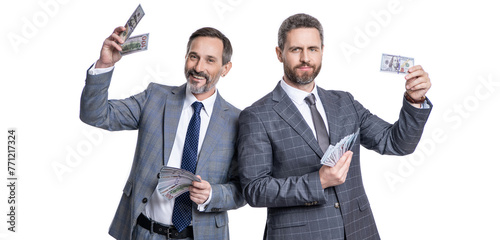 Successful business men. Profit margin. Profitable companies attract investors. profit growth. Businessmen reinvest profit for growth. Businessmen with money isolated on white