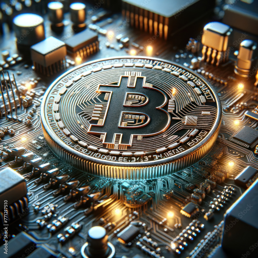 Bitcoin cryptocurrency on circuit board. Digital currency and blockchain technology concept for finance and economy.