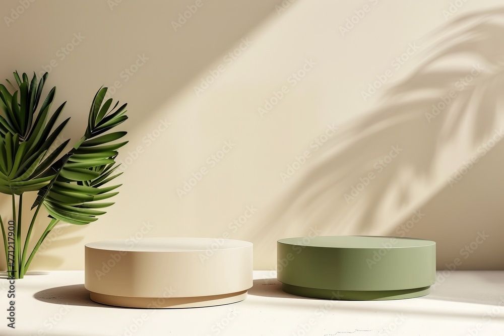 Dual-Tone Podiums: Green and Sand Beige Mockup, Product Placement Display Dual-Tone Podiums: Green and Sand Beige Mockup, Product Placement Display