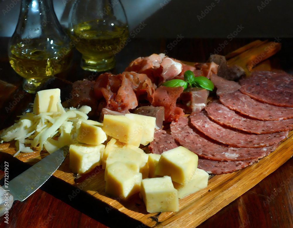 Cheese platter with ham, salami and cheese on wooden table