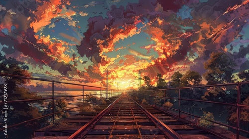 Sunset on railway with vibrant anime-style clouds. Digital art concept. Dreamy adventure and escapism theme. Design for book cover  animated movie poster.