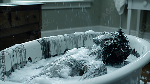 bathtub with foam and black bear in the bath, closeup