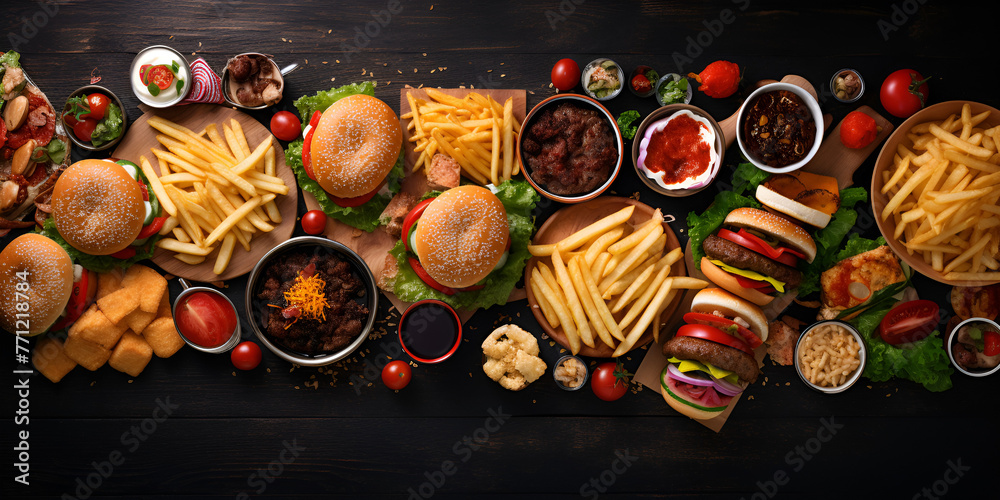 Fast food concept. Set of hamburgers, cheeseburgers, french fries, vegetables and sauces on dark background So many delicious fast food items on top view on a table