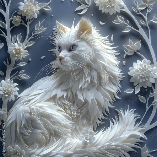 Paper cut white fluffy cat on blue background with white flowers