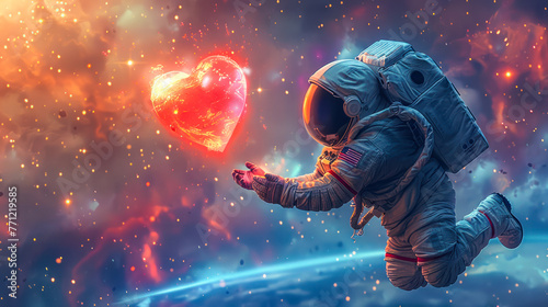 Astronaut floating in space holding glowing heart, love to the universe on valentines day or Cosmonautics day. Greeting card, poster design. environment, Earth protection concept. Copy space