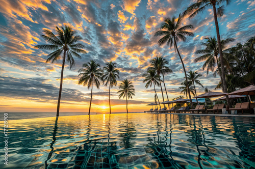 Beautiful luxury swimming pool in hotel resort with coconut palm tree at sunset