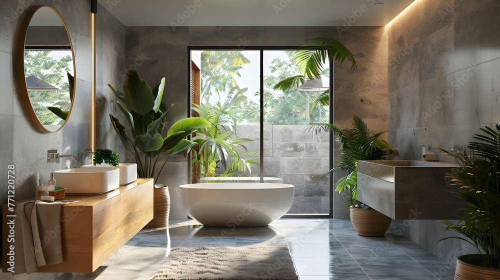 Fototapeta premium Sophisticated Luxury Bathroom with Nature-Inspired Design and Calming Ambiance