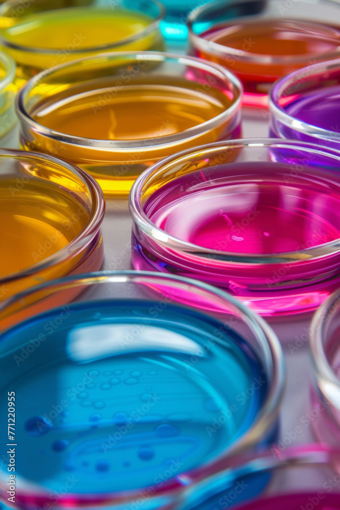 Chemical solutions of different colors in a petri dish Chemical solutions of different colors in a petri dish
