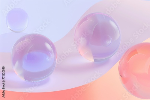 Colorful translucent spheres and shapes on gradient background. Soft, pastel-colored spheres with varying opacity overlap on a smooth blue to pink gradient backdrop, creating a dreamy, ethereal vibe