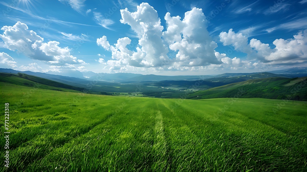 Green field under a vast blue sky on summer sunny day