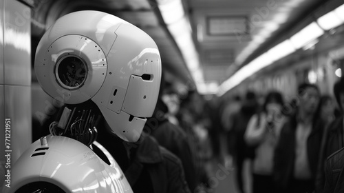 Robot in the subway. Black and white photo. Selective focus.