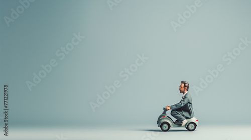 Businessman riding a scooter on grey background with copyspace