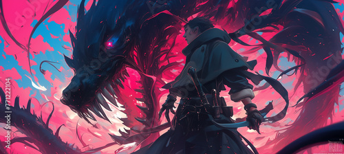 Fantasy landscape with a man and a dragon.