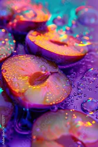 Fresh Plum Slices with Water Droplets on Purple Surface, Closeup View, Healthy and Refreshing Fruit Concept