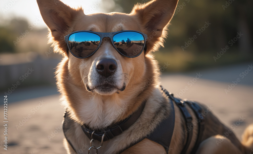 A canine donning shades and gazing directly at the camera , detailed