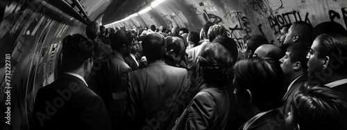 Dramatic black and white image of a group of people waiting for a train in a tunnel © bahadirbermekphoto