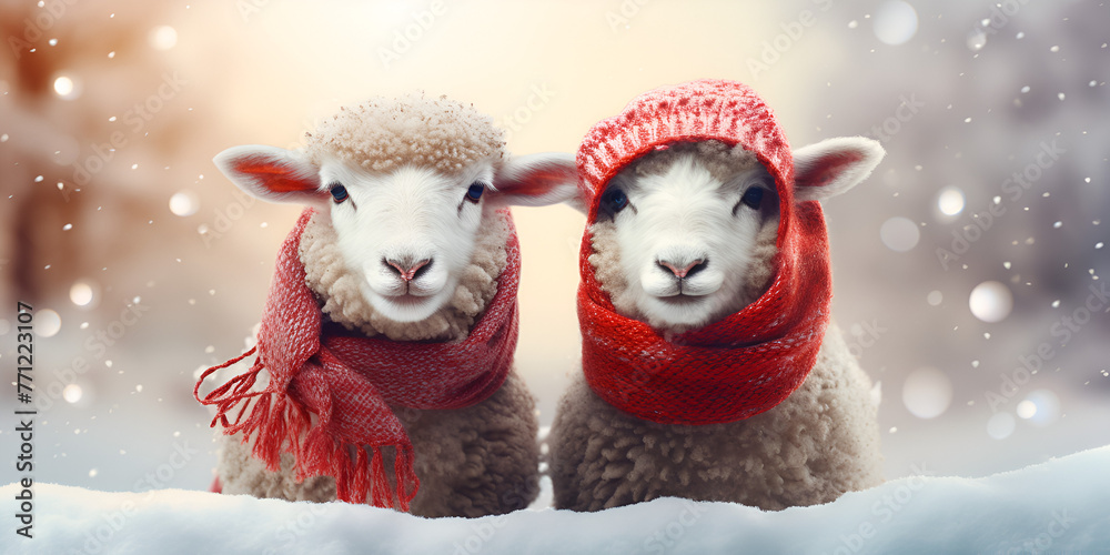  Beautiful woolly lambs wearing a red hat and scarf sheep in winter background