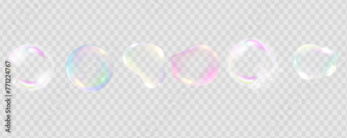 Set of realistic colorful soap bubbles. Transparent realistic soap bubbles isolated on transparent background.