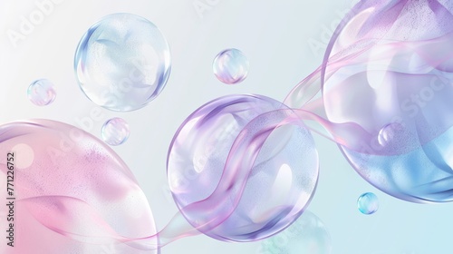 Colorful translucent spheres and shapes on gradient background. Soft, pastel-colored spheres with varying opacity overlap on a smooth blue to pink gradient backdrop, creating a dreamy, ethereal vibe