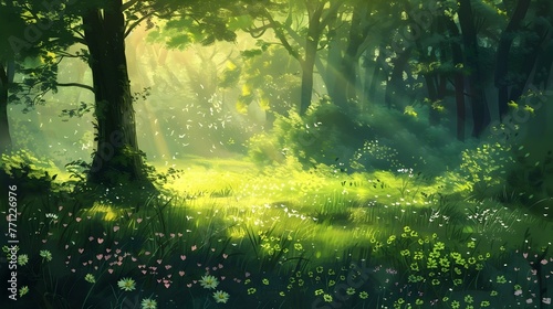 Enchanting Sunlit Forest Glade with Vibrant Green Foliage and Delicate Wildflowers
