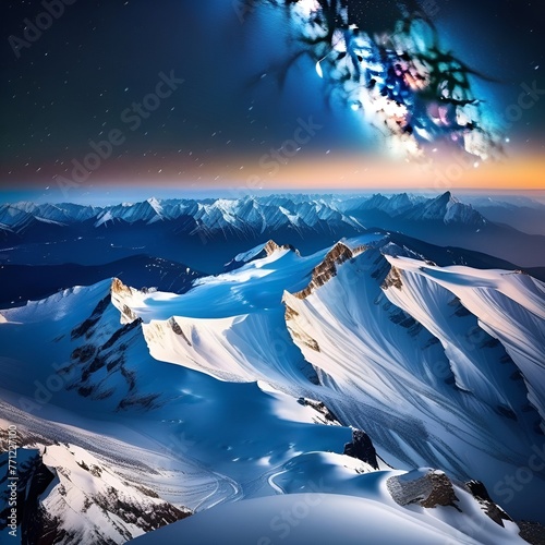 aerial view of snowy winter landscape with mountains and aurora borealis in the sky photo