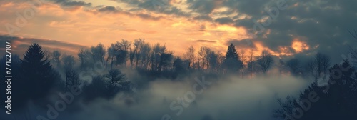 Ethereal Sunset Landscape with Misty Forest and Dramatic Sky