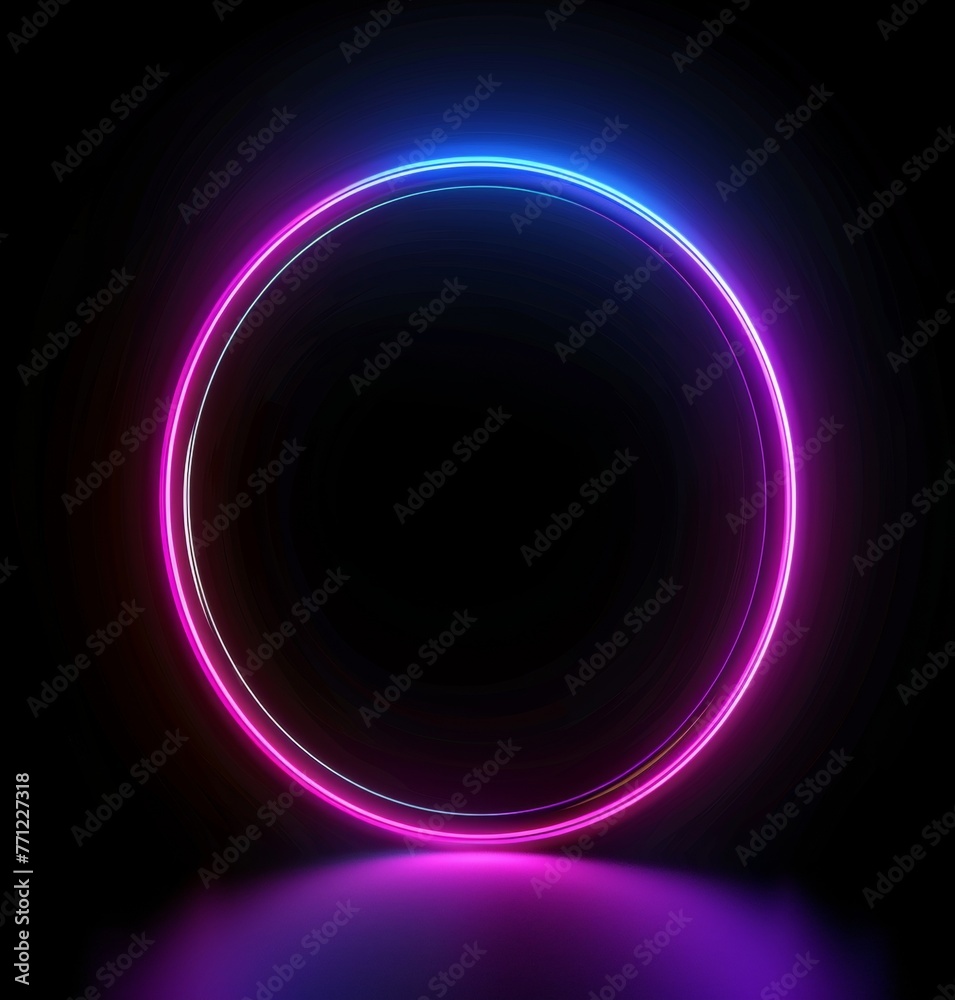 A vibrant neon tube forms a circular shape with glowing blue and pink hues on a dark gradient background, creating a futuristic and sleek appearance A vibrant neon tube forms a circular shape with glowing blue and pink hues on a dark gradient background, creating a futuristic and sleek appearance