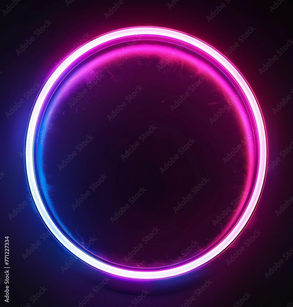A vibrant neon tube forms a circular shape with glowing blue and pink hues on a dark gradient background, creating a futuristic and sleek appearance A vibrant neon tube forms a circular shape with glowing blue and pink hues on a dark gradient background, creating a futuristic and sleek appearance