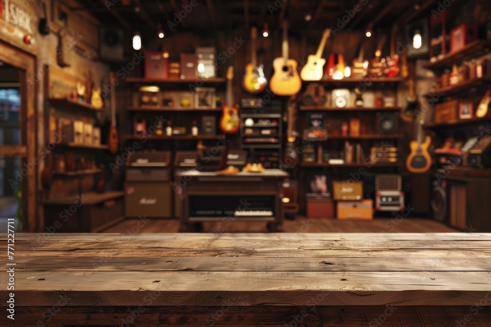 Empty wooden counter with interior music shop background Empty wooden counter with interior music shop background