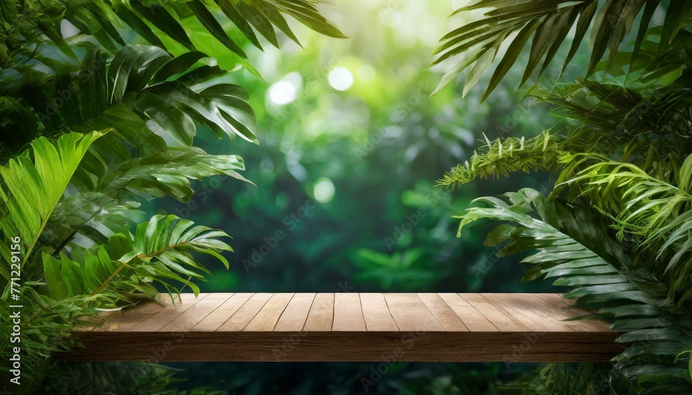 Tropical Elegance: Wooden Shelf Display in Lush Forest Setting