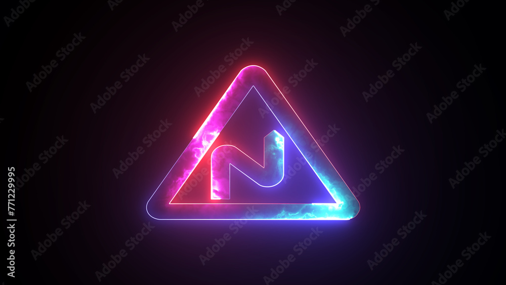 Neon triangular road caution sign. Triangle warning road sign. Road warning sign - obrazy, fototapety, plakaty 
