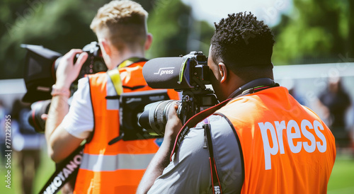 Photo of two sports photographers wearing high visibility vests holding cameras and taking photos at the sidelines on an outdoor football field