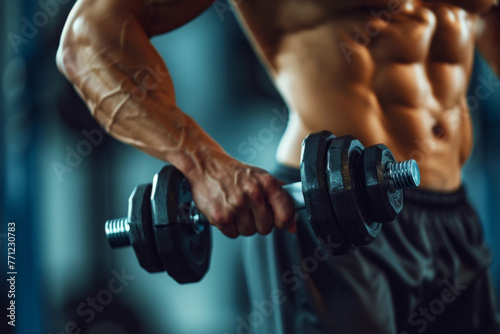 An attractive athletic man’s arm with dumbbells
