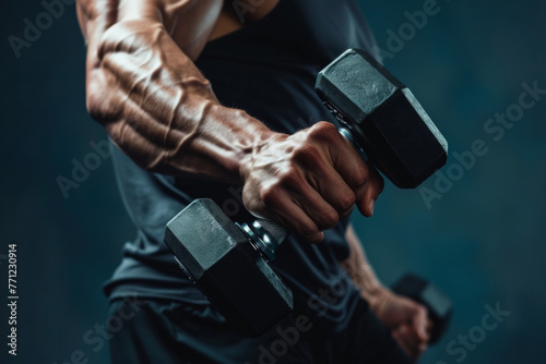 An attractive athletic man’s arm with dumbbells © Emanuel