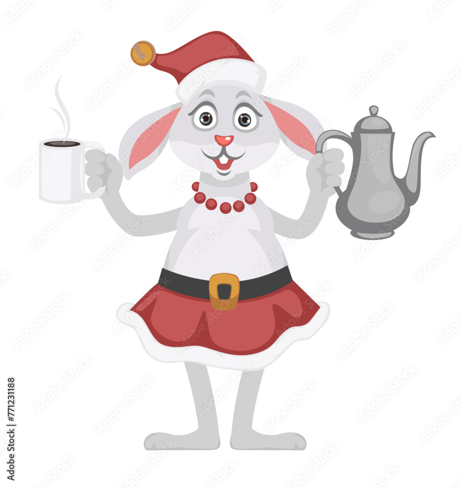 Bunny character with pot and cup of hot tea drink