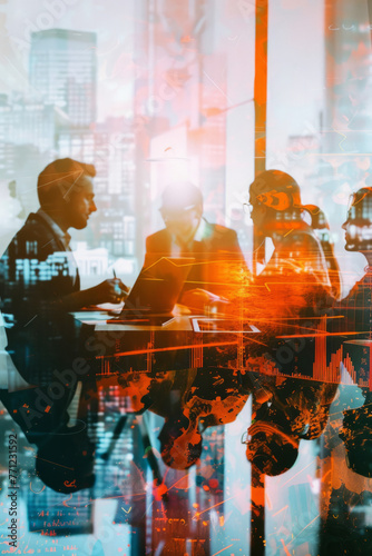 A double exposure image representing the concept of business people collaborating and discussing