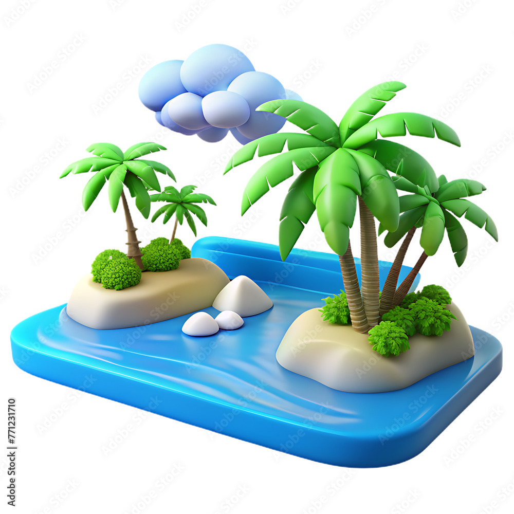 Obraz premium island with palm tree 3d illustration. cartoon drawing of land with grass and palm tree,
