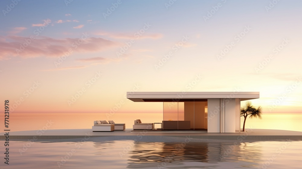 Beachside hut at sunset, serving exotic cocktails, wide view, warm tones, serene end-of-day relaxationFuturistic
