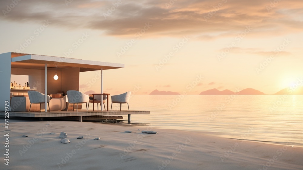 Beachside hut at sunset, serving exotic cocktails, wide view, warm tones, serene end-of-day relaxationFuturistic